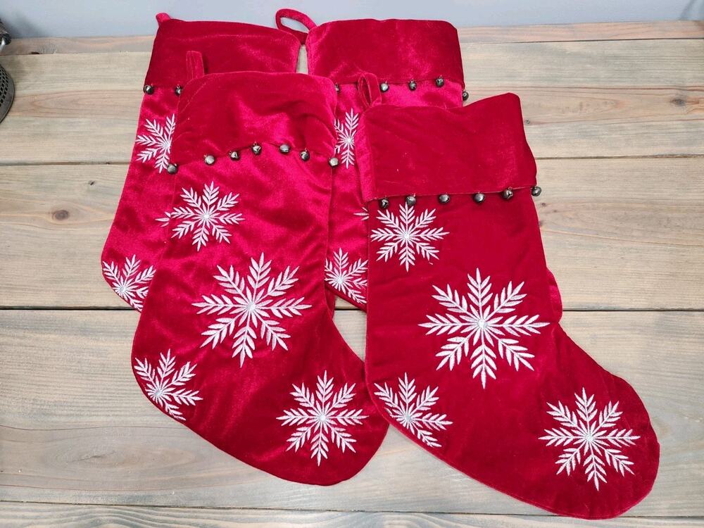 Set of 4 Season's Designs Red Velvet Christmas Stockings Snowflake Jingle Bells